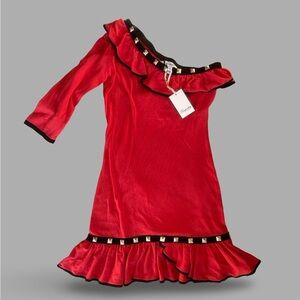 Y2K - 2000s Temperley London One Shoulder Red Ruffled Cotton Knit Mini Dress M